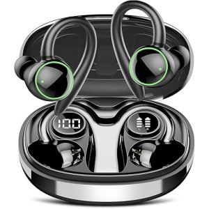 GOLREX Noise Cancelling Ear Buds Wireless Earbuds Bluetooth Headphones with 80H Playtime, Dual LED Display, Wireless Charging Case, Over-Ear Hooks Earphones for Sports Running Gym Workout Black